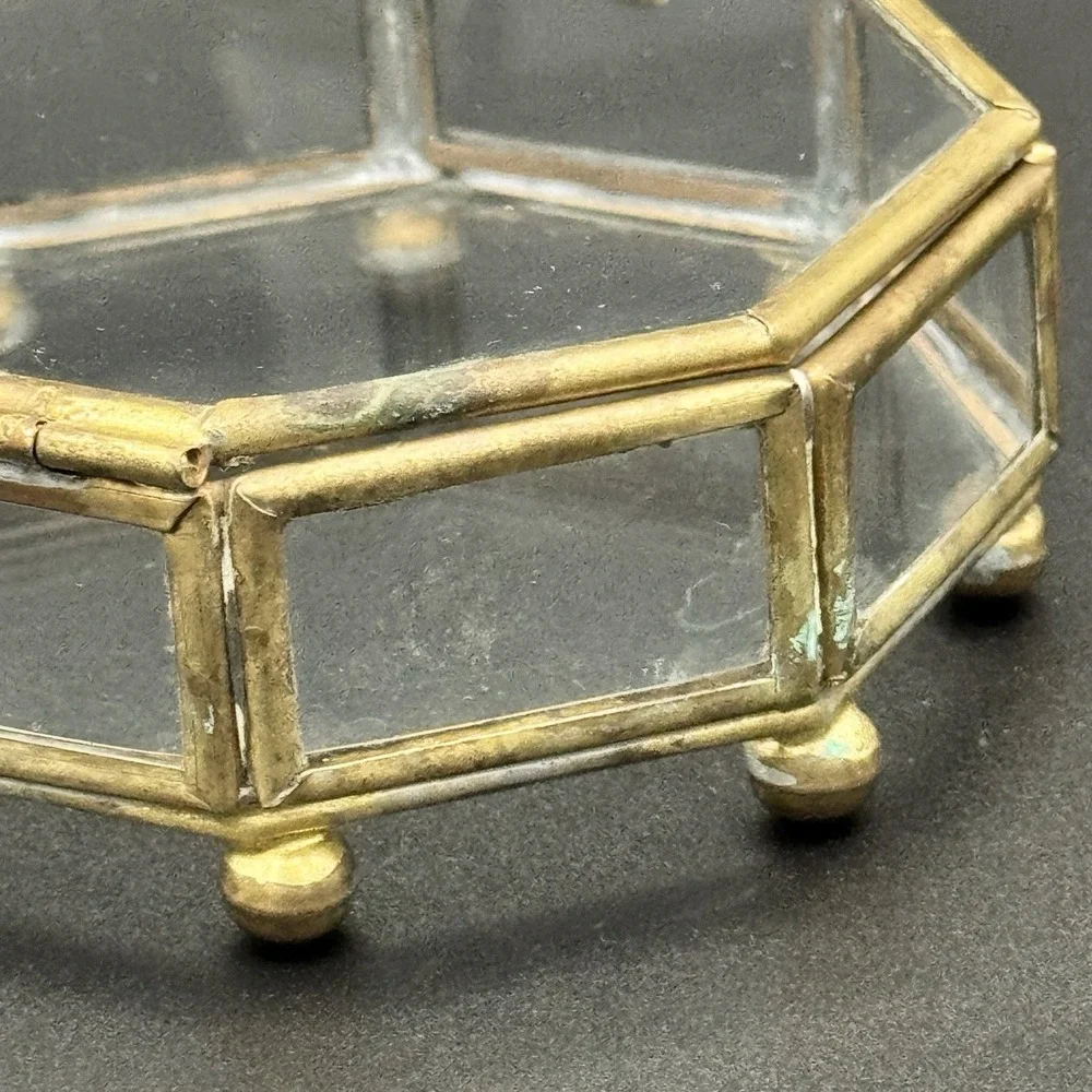 Vintage Brass & Glass Octagon Trinket Box Casket Jewelry Box Hinged Lid 3.5